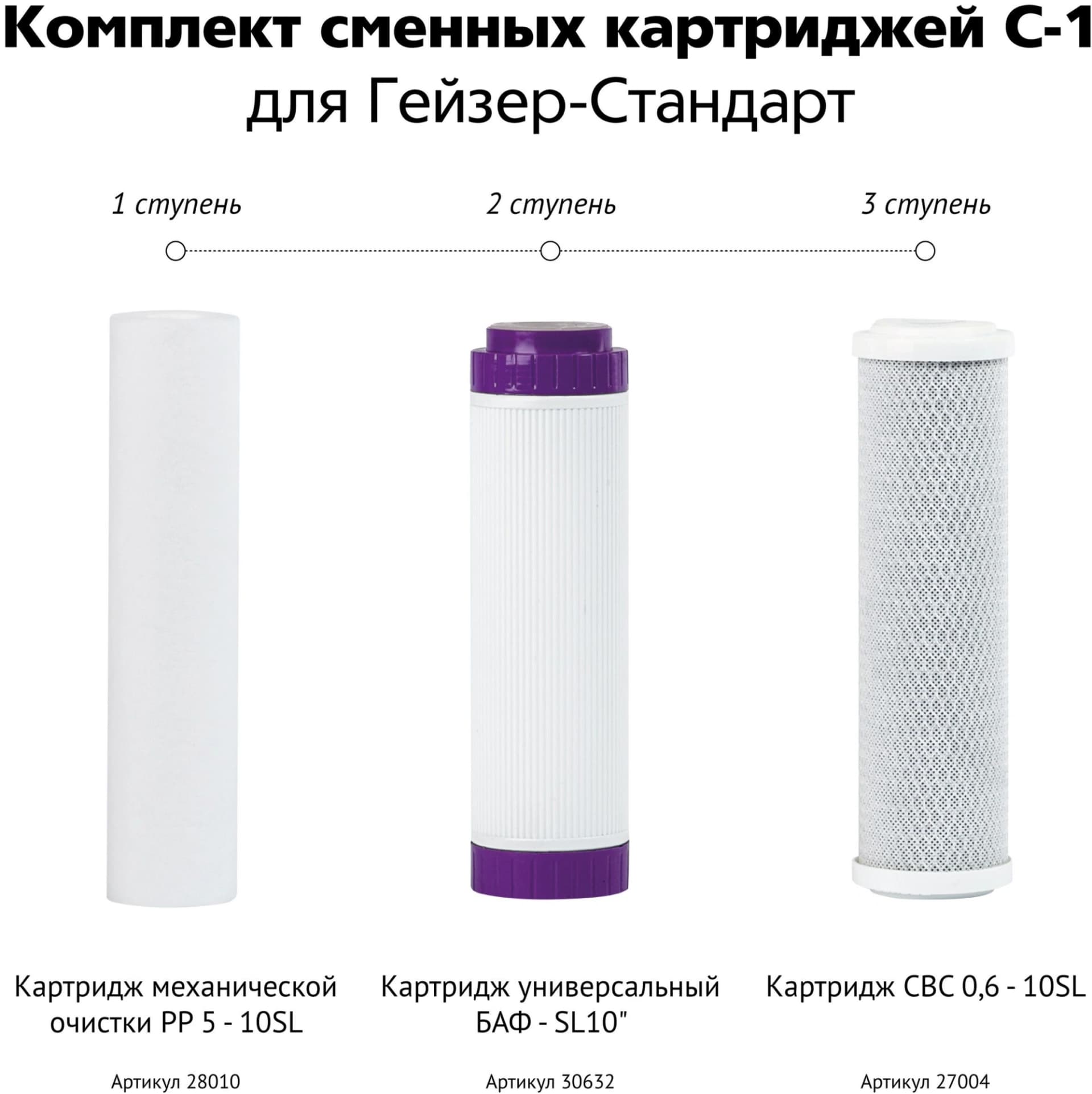 Комплект картриджей Гейзер С-1 для проточных фильтров ресурс:7000л (упак.:3шт)