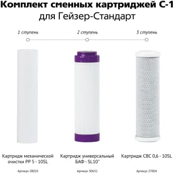 Комплект картриджей Гейзер С-1 для проточных фильтров ресурс:7000л (упак.:3шт) - фото 2
