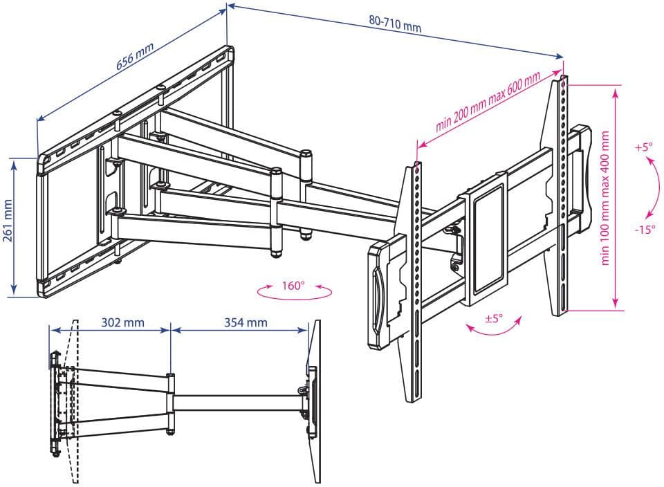 Кронштейн для телевизора Kromax ATLANTIS-70 черный 32"-75" макс.101кг настенный поворотно-выдвижной и наклонный - фото 2