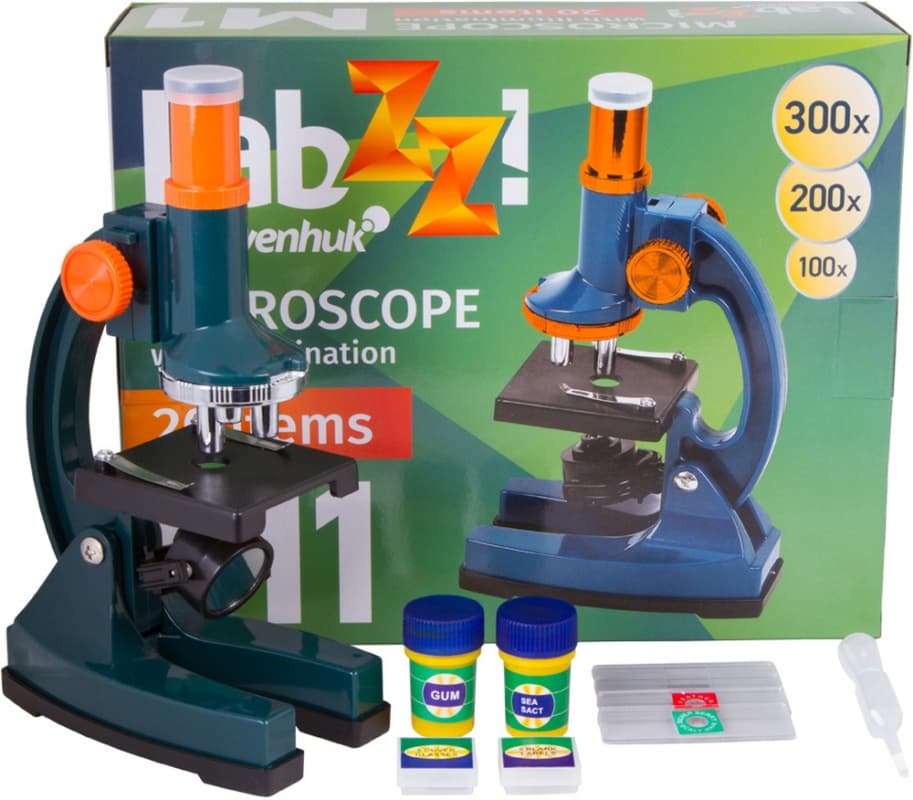 Микроскоп Levenhuk LabZZ M1 монокуляр 100-300x на 3 объектива зеленый/оранжевый - фото 3