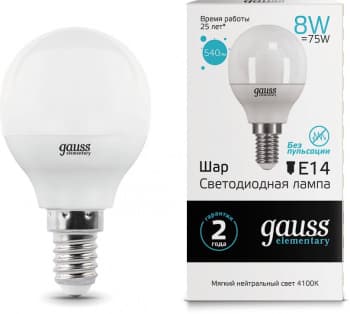 Лампа светодиодная Gauss Elementary 8Вт цок.:E14 шар 220B св.свеч.бел.нейт. P45 (упак.:10шт) (53128) - фото 2