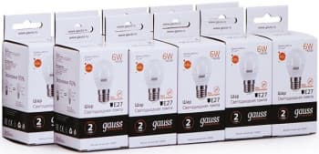 Лампа светодиодная Gauss Elementary 6Вт цок.:E27 шар 220B св.свеч.бел.теп. (упак.:10шт) (53216) - фото 5