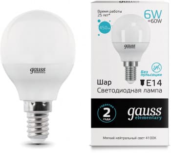 Лампа светодиодная Gauss Elementary 6Вт цок.:E14 шар 220B св.свеч.бел.нейт. (упак.:10шт) (53126) - фото 2