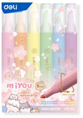 Набор текстовыделителей Deli EU12-6C MiYou скошенный пиш. наконечник 1-5мм 6цв. ассорти пакет с европодвесом (6шт.) - фото 5