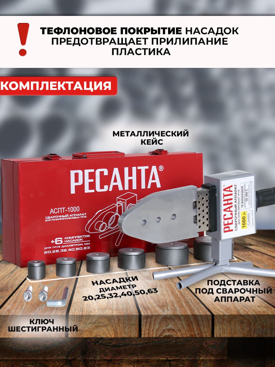 Сварочный аппарат для пластиковых труб Ресанта АСПТ-63/1К 1кВт Тмакс.:300 парн.насад. 6насад. (кейс в компл.) (65/107) - фото 5