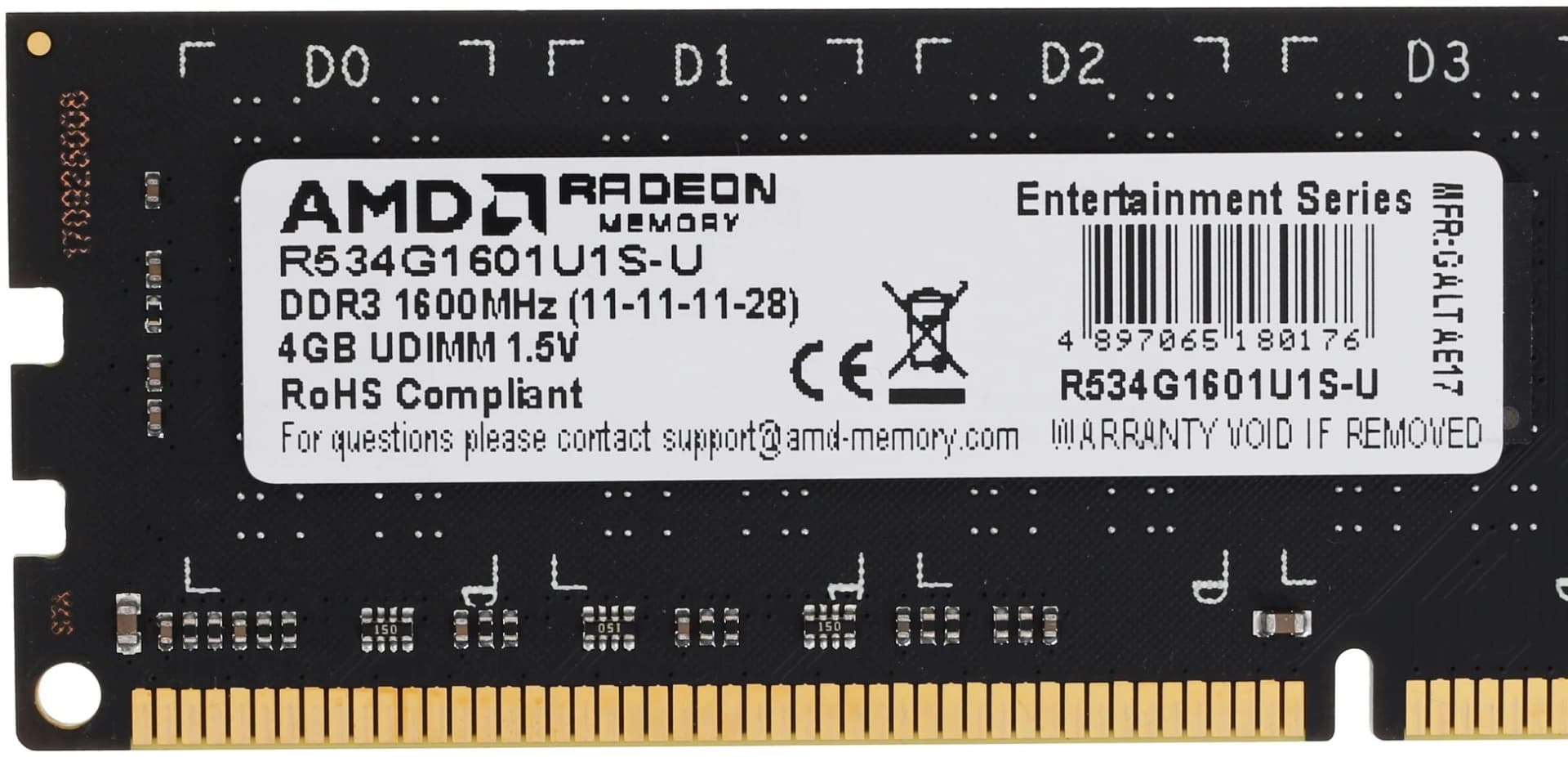 Память DDR3 4Gb 1600MHz AMD R534G1601U1S-U RTL PC3-12800 CL11 DIMM 240-pin 1.5В Ret - фото 5