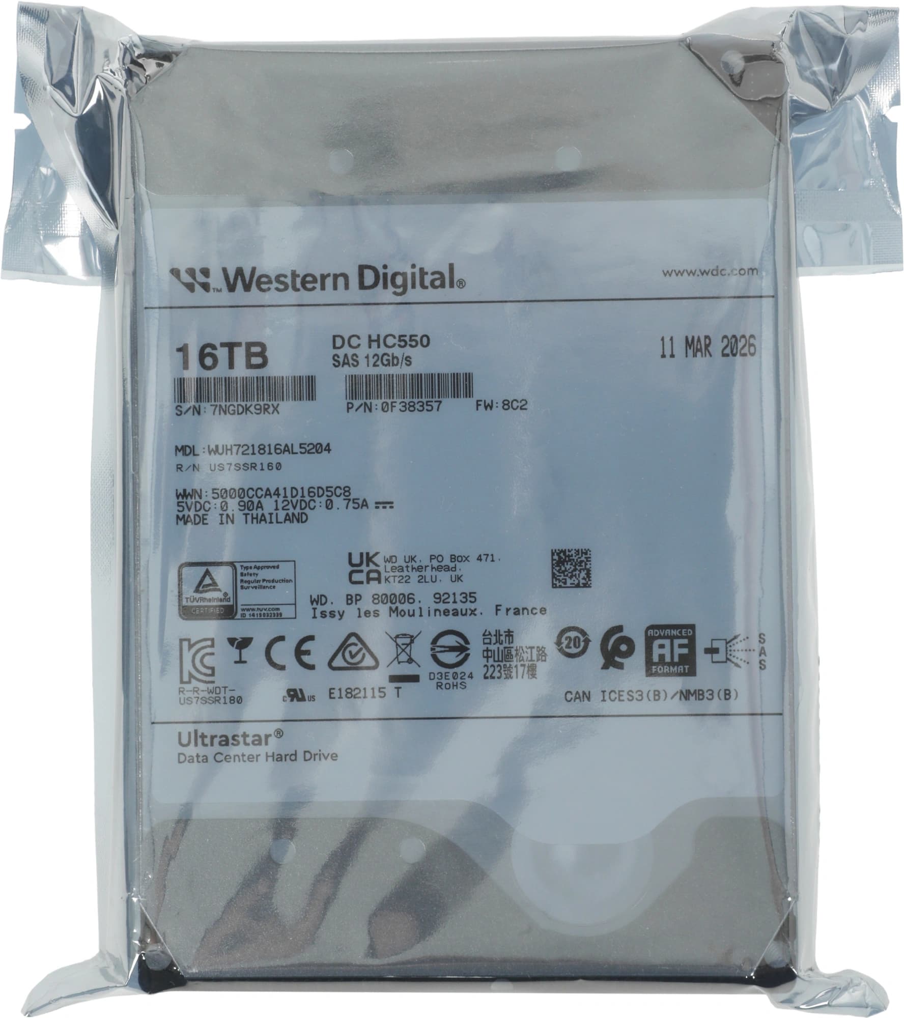 Жесткий диск WD SAS 3.0 16TB 0F38357 WUH721816AL5204 Ultrastar DC HC550 4KN (7200rpm) 512Mb 3.5"