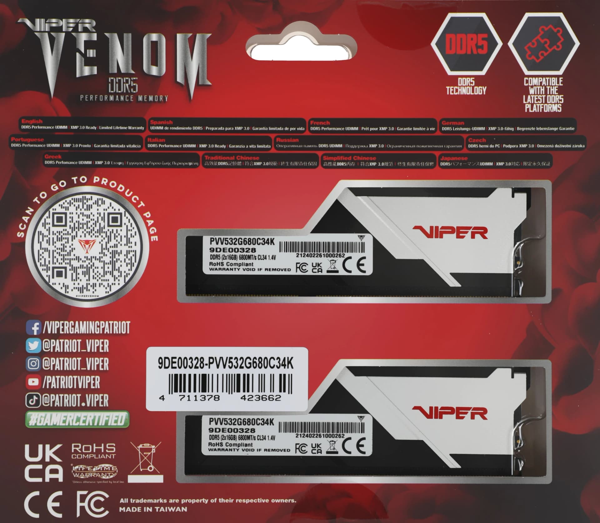 Память DDR5 2x16Gb 6800MHz Patriot PVV532G680C34K Viper Venom RTL Gaming PC5-54400 CL34 DIMM 288-pin 1.4В с радиатором Ret - фото 4