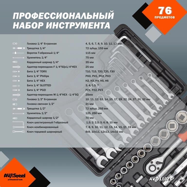 Набор инструментов Av Steel AV-011076 76 предметов (жесткий кейс) - фото 4