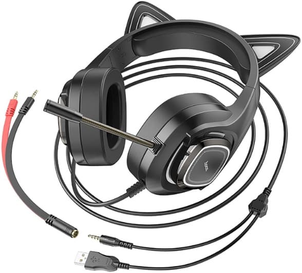 Наушники с микрофоном Hoco W107 Cute cat черный 2м мониторные USB оголовье (W107) - фото 4