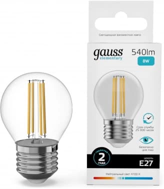 Лампа филам. Gauss Filament 8Вт цок.:E27 шар 220B св.свеч.бел.нейт. (упак.:10шт) (52228) - фото 2