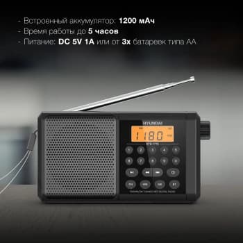 Радиоприемник портативный Hyundai H-PSR115 черный USB microSD - фото 5