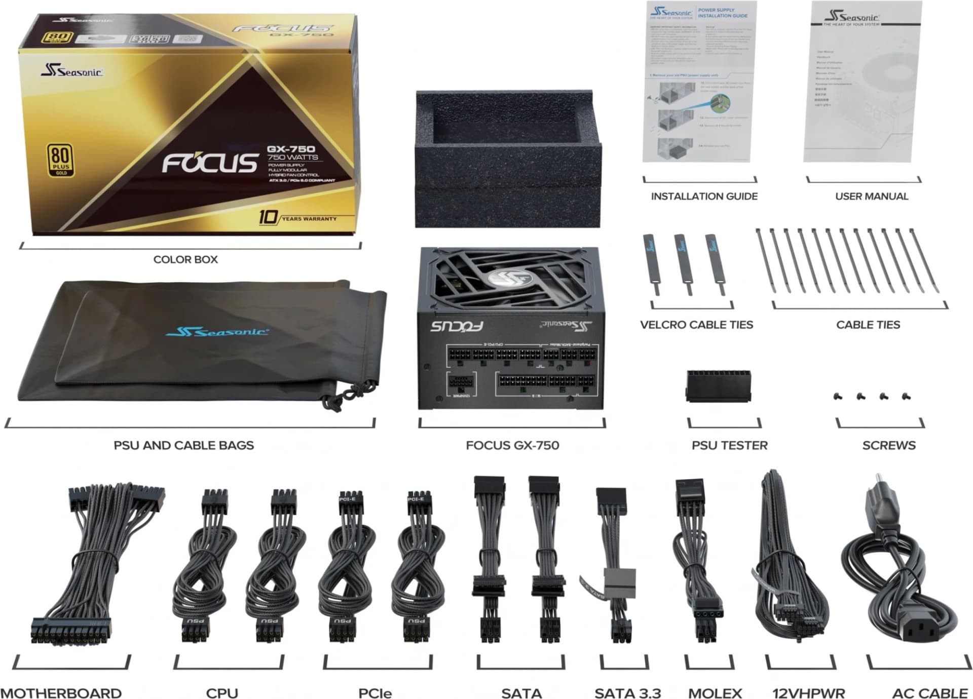 Блок питания Seasonic ATX 750W Focus GX-750 80+ gold (20+4pin) APFC 135mm fan 10xSATA Cab Manag RTL - фото 4