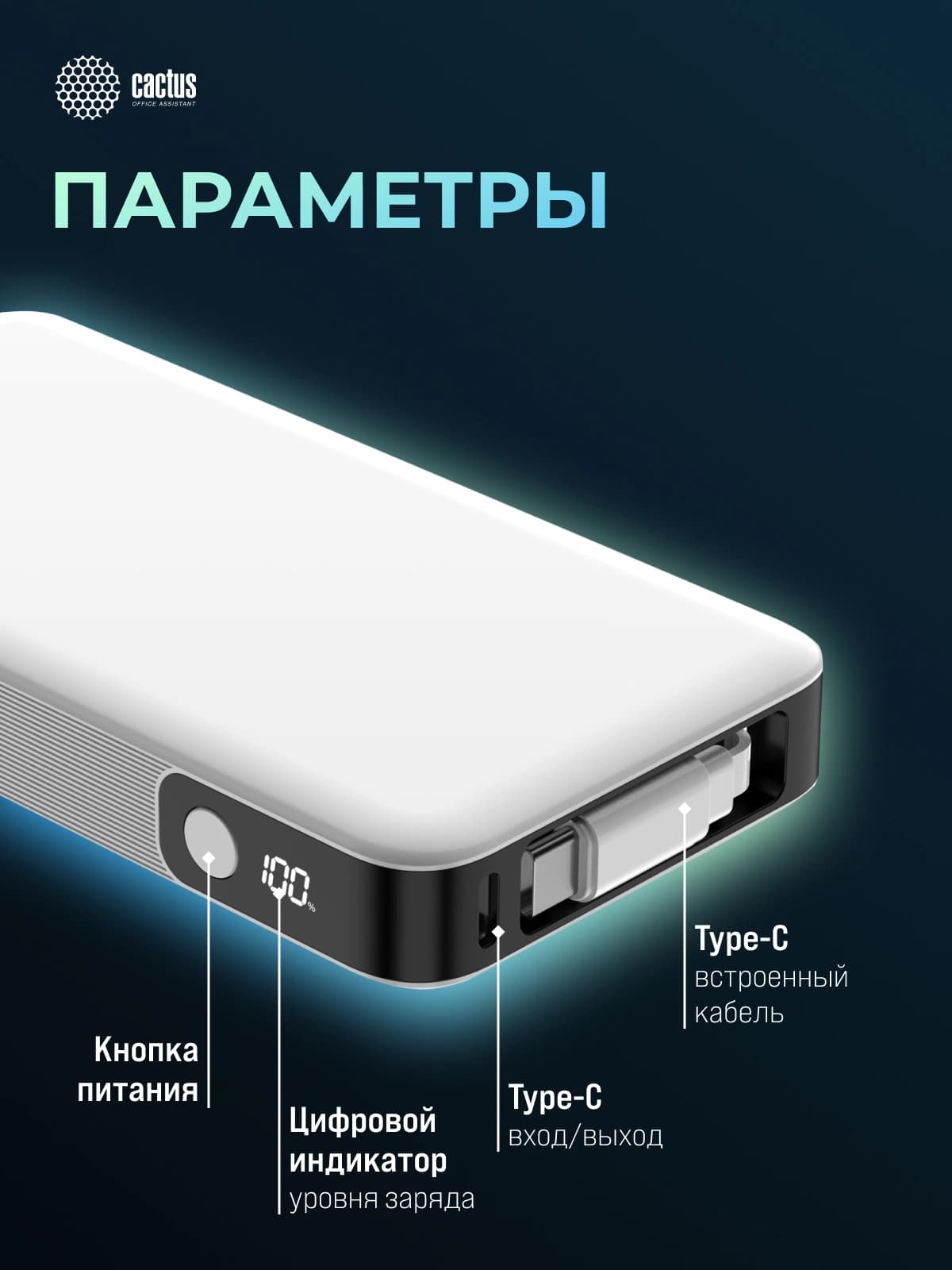 Мобильный аккумулятор Cactus CS-PBFSPA-10000 10000mAh 22.5W 4.5A 2xUSB-C белый - фото 5