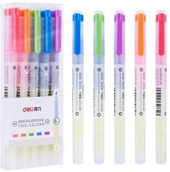 Набор текстовыделителей Deli S619 скошенный пиш. наконечник двухсторонний 6цв. ПЭТ-бокс (5шт.) - фото 2