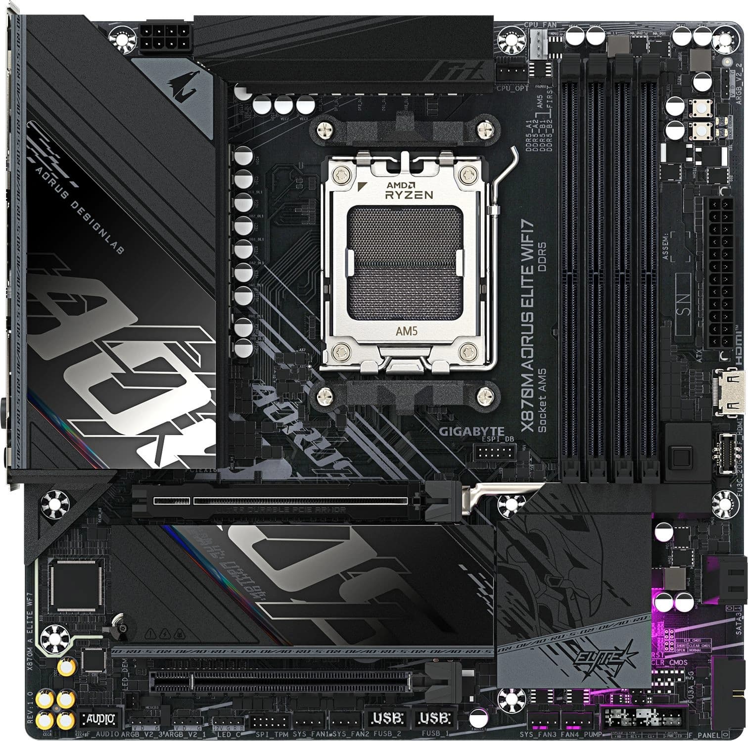 Материнская плата Gigabyte X870M AORUS ELITE WIFI7 Socket AM5 AMD X870 4xDDR5 mATX AC`97 8ch(7.1) 2.5Gg RAID+HDMI - фото 4