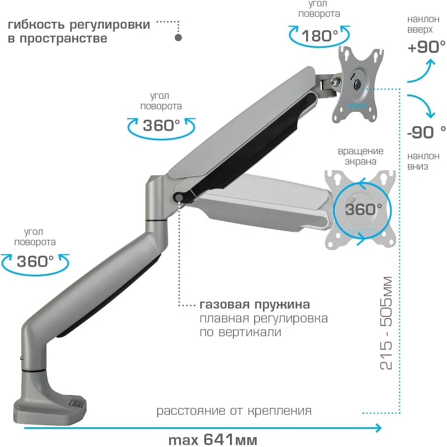 Кронштейн для мониторов ЖК Kromax OFFICE-21 серебристый 17"-45" макс.15кг настольный поворот и наклон - фото 4