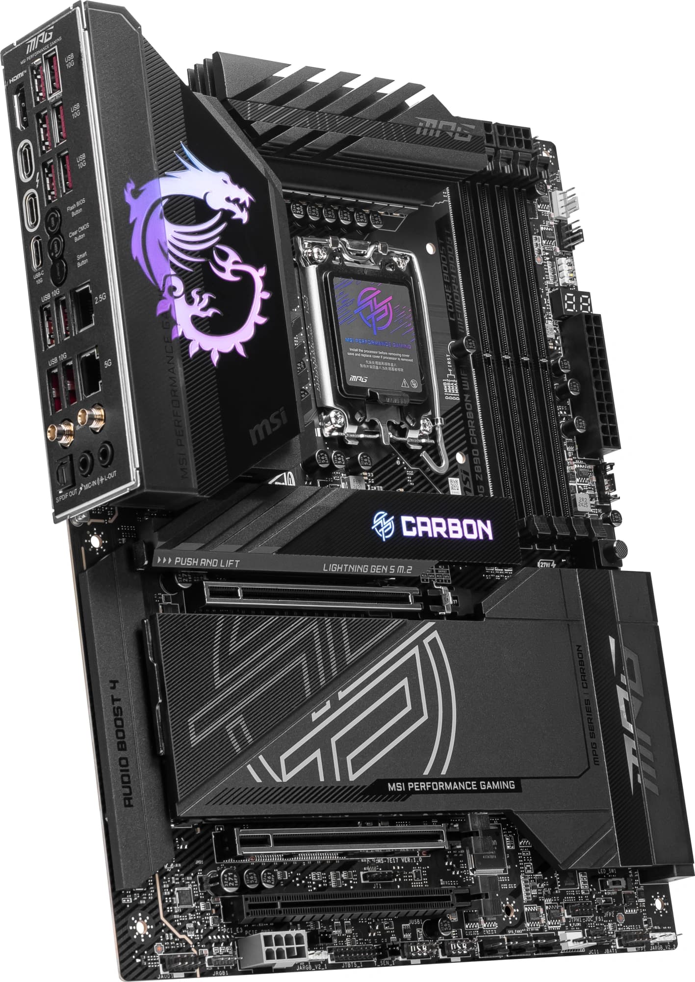 Материнская плата MSI MPG Z890 CARBON WIFI Soc-1851 Intel Z890 4xDDR5 ATX AC`97 8ch(7.1) 5Gigabit + 2.5Gigabit Ethernet RAID+HDMI - фото 5