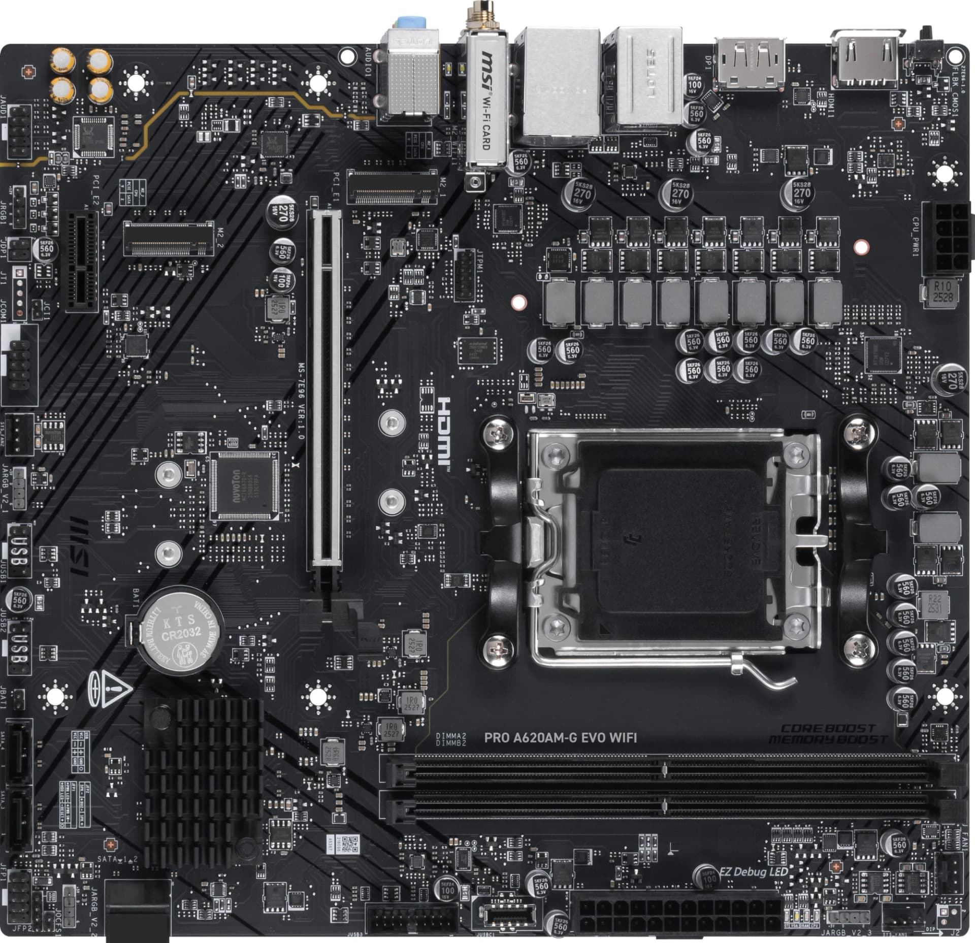 Материнская плата MSI PRO A620AM-G EVO WIFI Socket AM5 AMD A620A 2xDDR5 mATX AC`97 8ch(7.1) 2.5Gg RAID+VGA+HDMI+DP