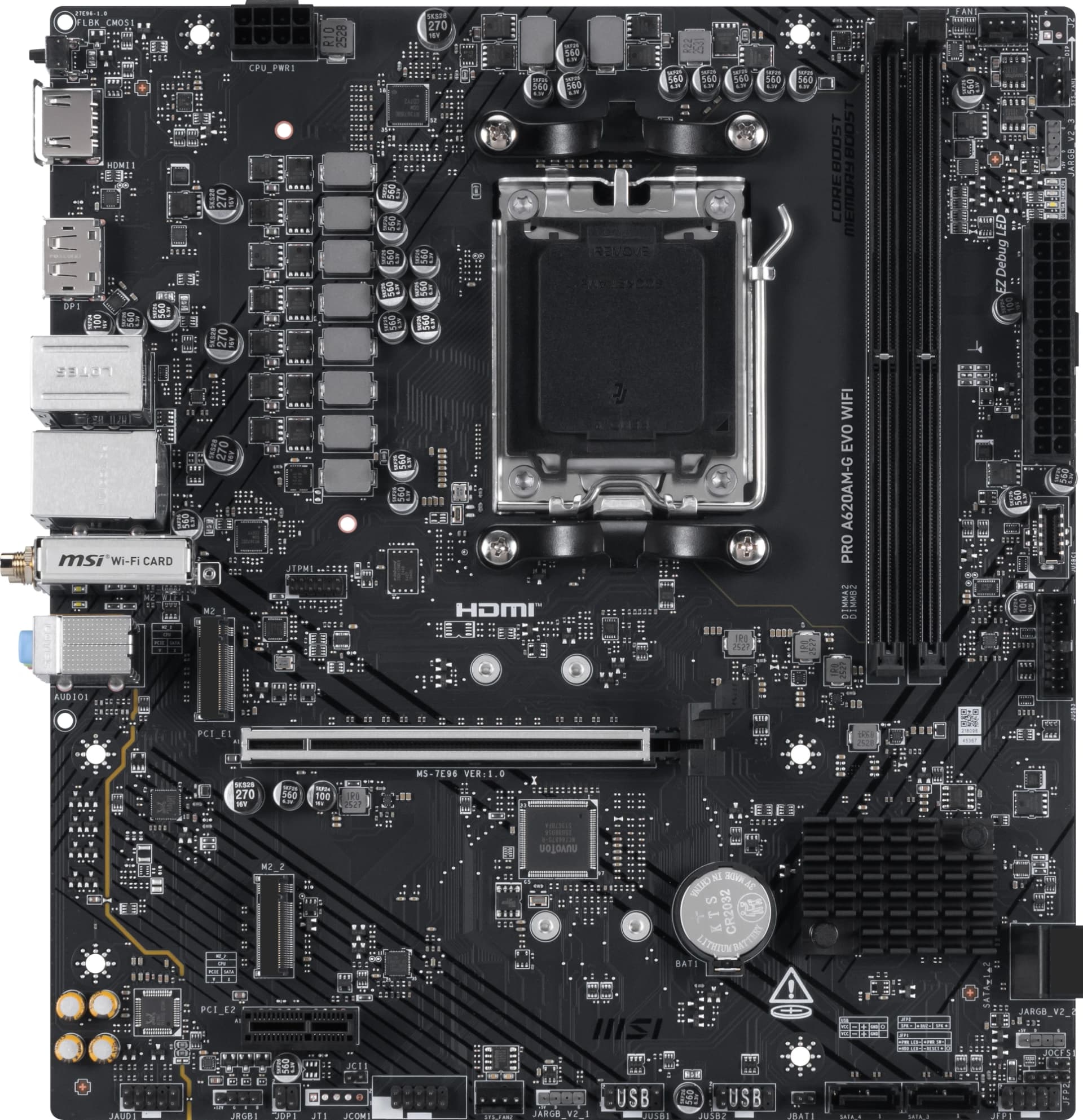 Материнская плата MSI PRO A620AM-G EVO WIFI Socket AM5 AMD A620A 2xDDR5 mATX AC`97 8ch(7.1) 2.5Gg RAID+VGA+HDMI+DP - фото 2