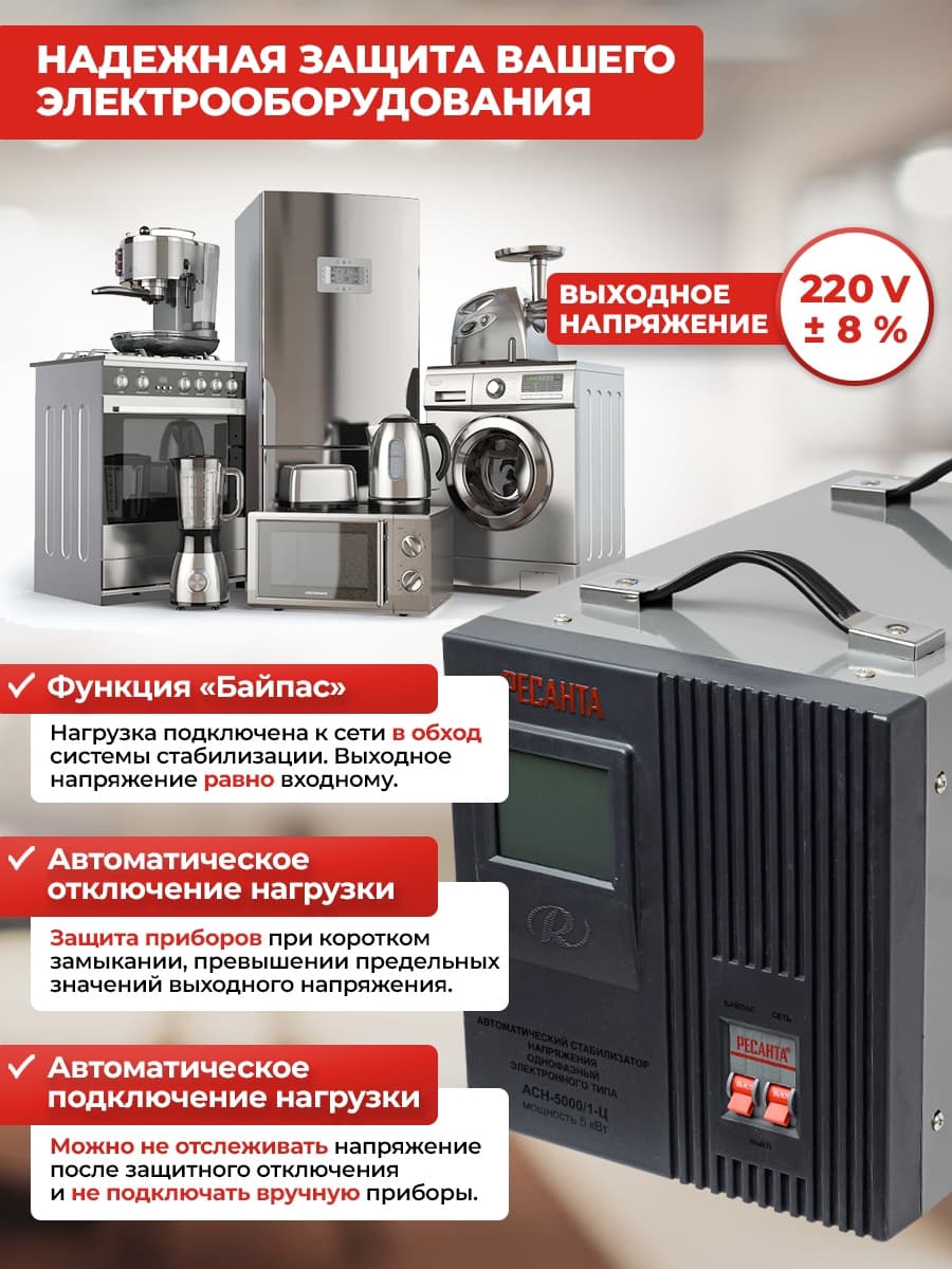 Стабилизатор напряжения Ресанта АСН-5000/1-Ц 5кВА однофазный серый (63/6/6) - фото 4