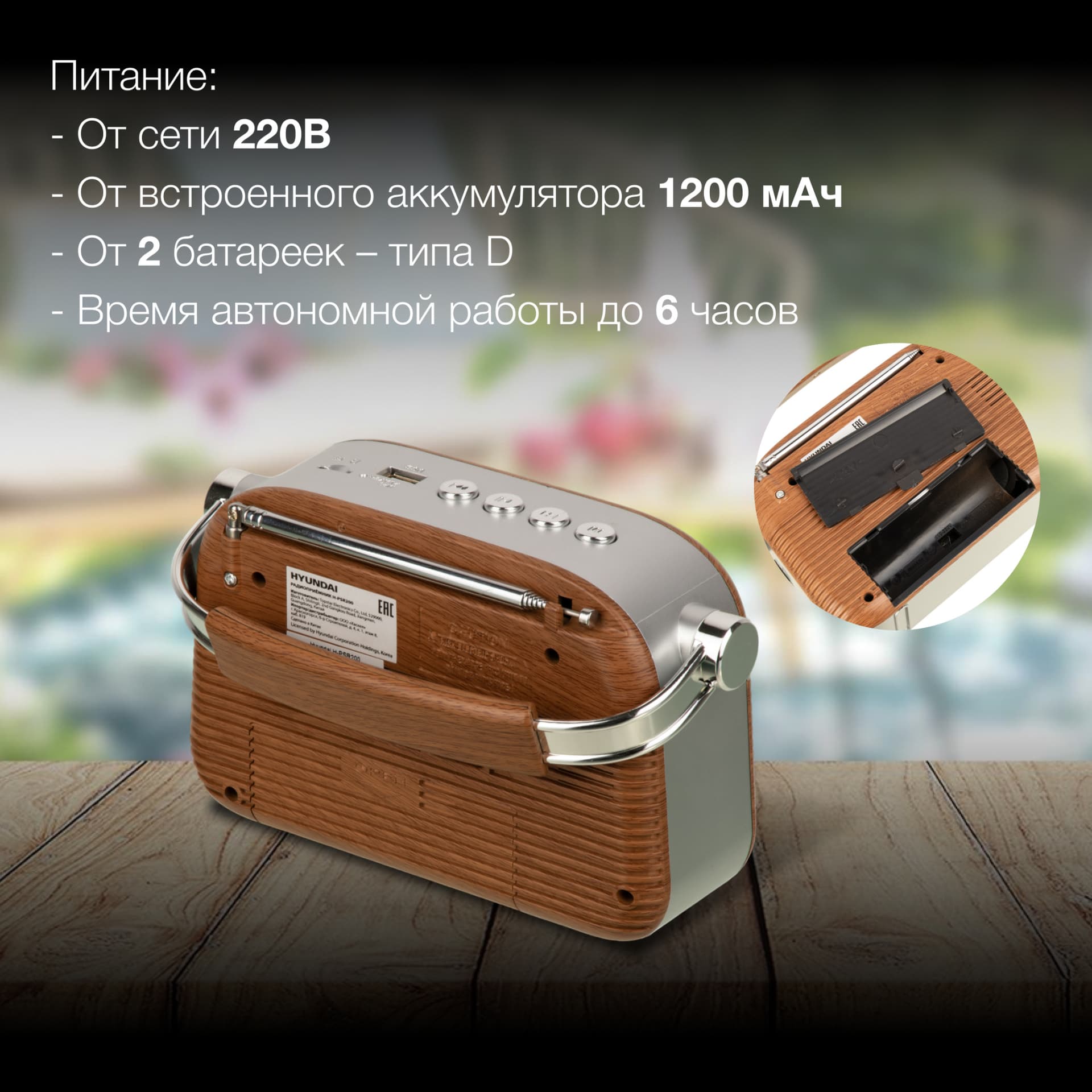 Радиоприемник портативный Hyundai H-PSR200 дерево коричневое/серебристый USB microSD - фото 4