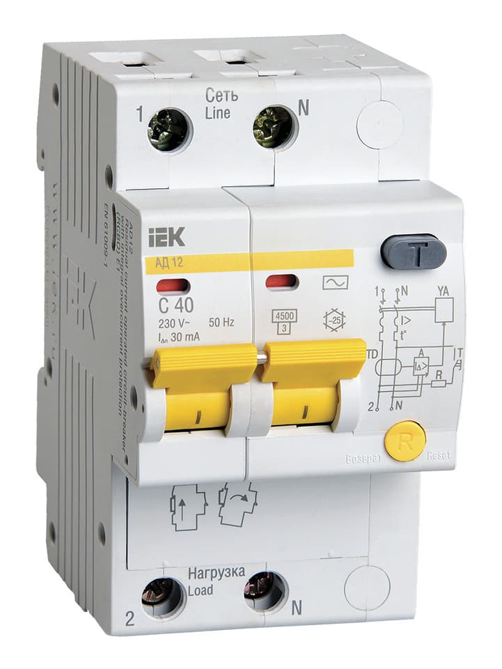 Выключатель автом. дифф. тока IEK MAD10-2-040-C-030 АД12 40A тип C 4.5kA 30мА AC 2П 230В 3мод белый (упак.:1шт)