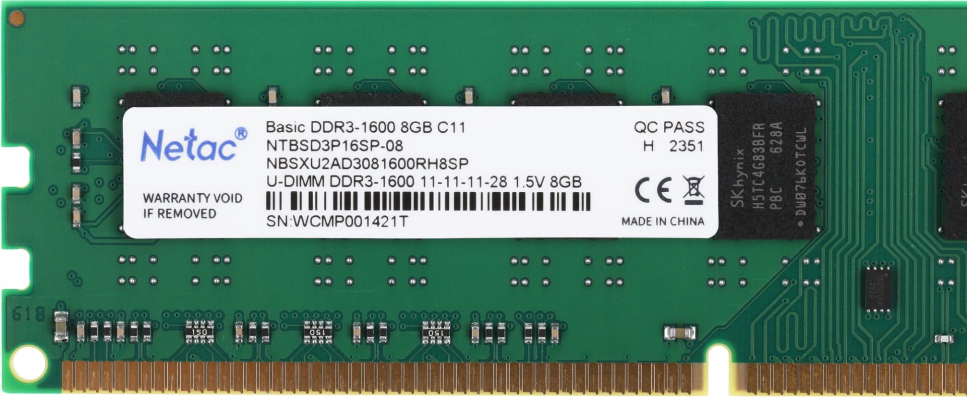 Память DDR3 8GB 1600MHz Netac NTBSD3P16SP-08 Basic RTL PC3-12800 CL11 DIMM 240-pin 1.5В dual rank Ret - фото 3