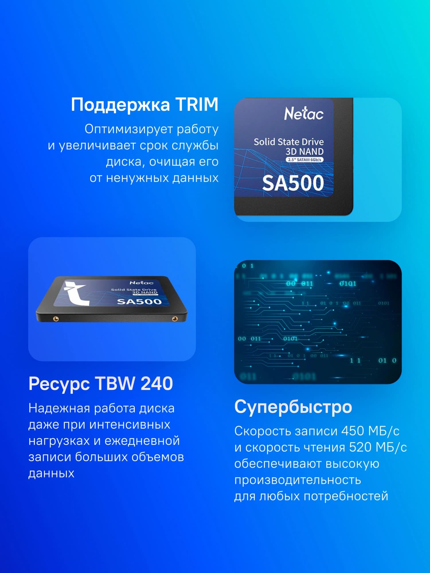 Накопитель SSD Netac SATA-III 480GB NT01SA500-480-S3X SA500 2.5" - фото 2