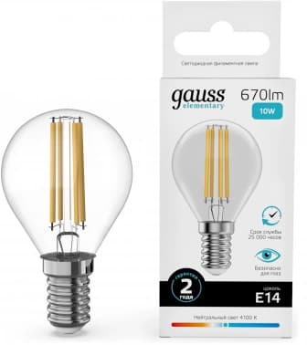 Лампа филам. Gauss Filament 10Вт цок.:E14 шар 220B св.свеч.бел.нейт. (упак.:10шт) (52120) - фото 2