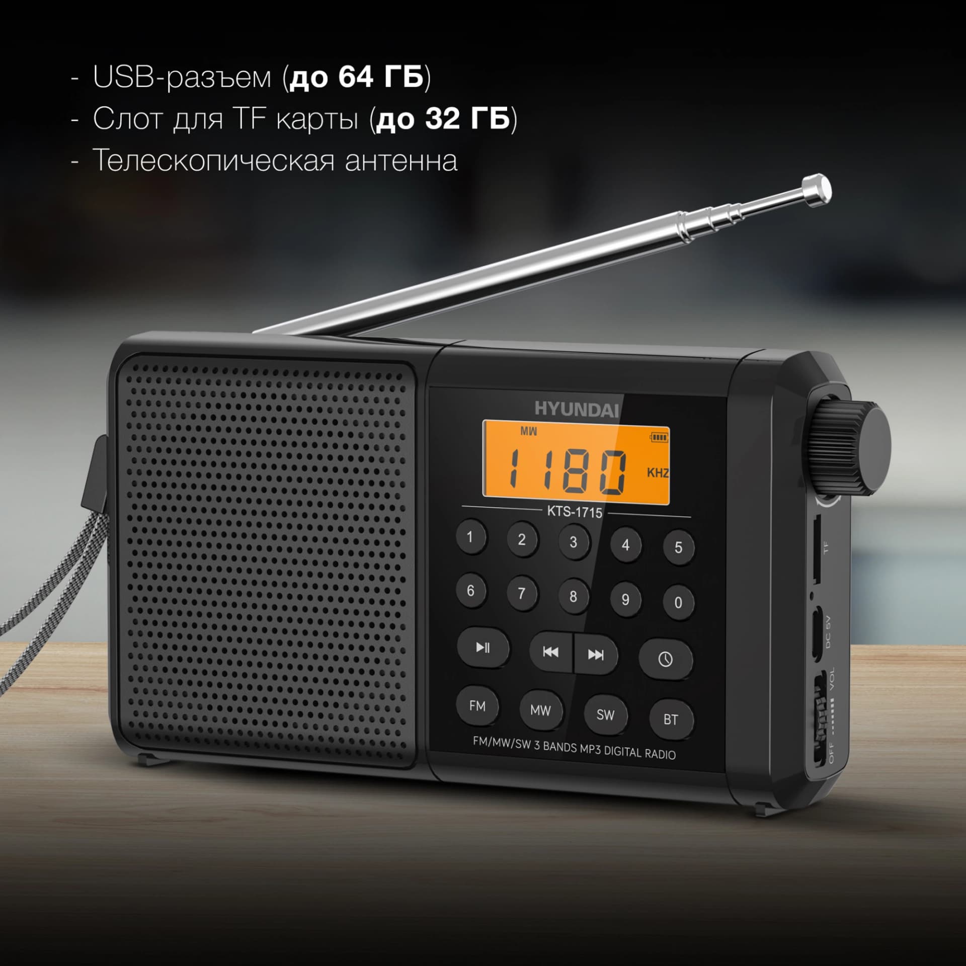 Радиоприемник портативный Hyundai H-PSR115 черный USB microSD - фото 3