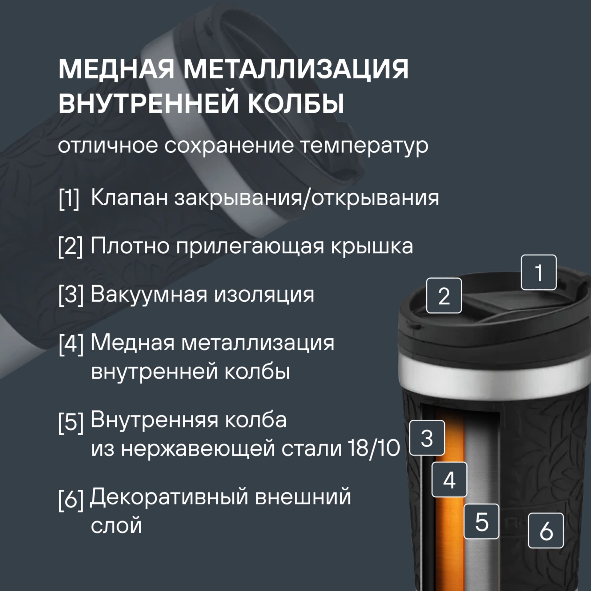 Термокружка для напитков Rondell Coupage RDS-1818 0.4л. черный картонная коробка - фото 5