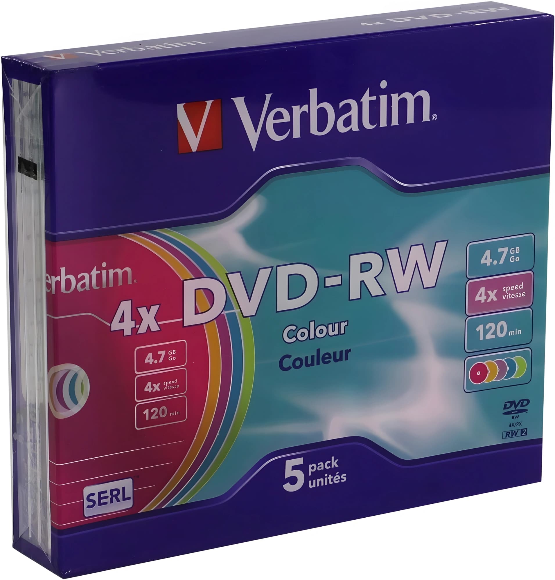 Диск DVD-RW Verbatim 4.7Gb 4x Slim case (5шт) Color (43563) - фото 4
